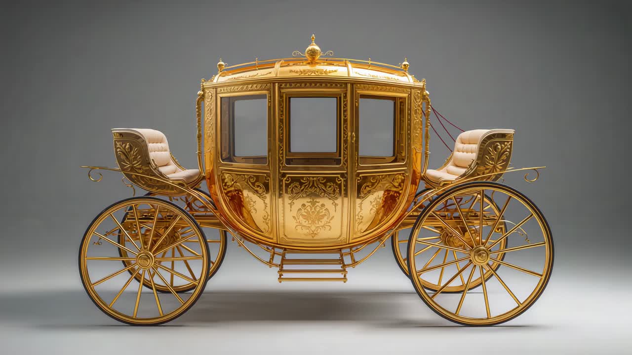 Rotating ornate golden carriage showing etched panels and wheels in studio, showcasing royal detail