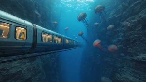 underwater train journey with jellyfish