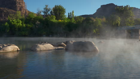 misty landscape of river with dense forest in the background. - zoom out shot
