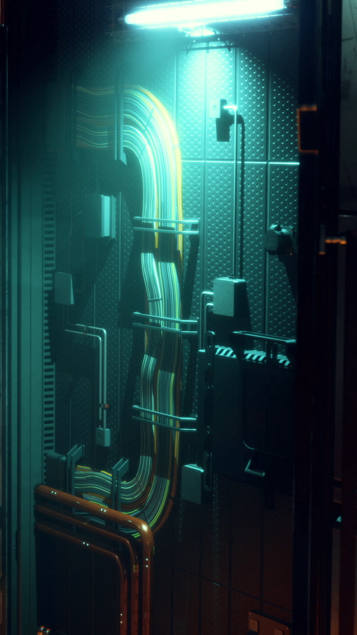 Wires and pipes connect in a dimly lit industrial setting