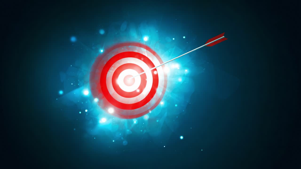 A bold arrow strikes the center of a vibrant bullseye, illustrating precision and focus against a striking blue backdrop, symbolizing goal achievement and success in a competitive environment