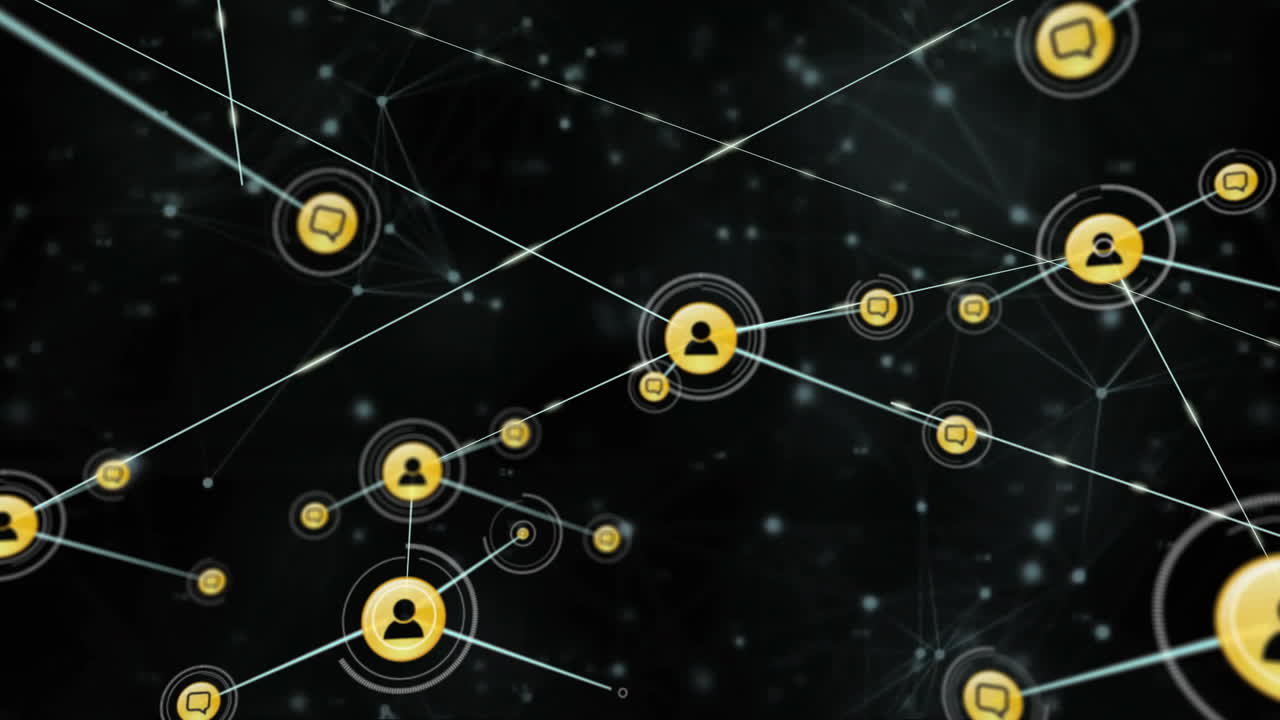 연결된 사용자 아이콘과 데이터 노드의 네트워크 어두운 배경에서 애니메이션