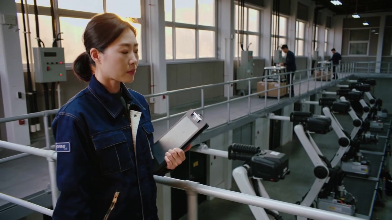 클립보드를 확인하며, 남색 재킷을 입은 여성이 높은 통로를 걸으며 로봇 팔을 검사하는 모습, 여백.