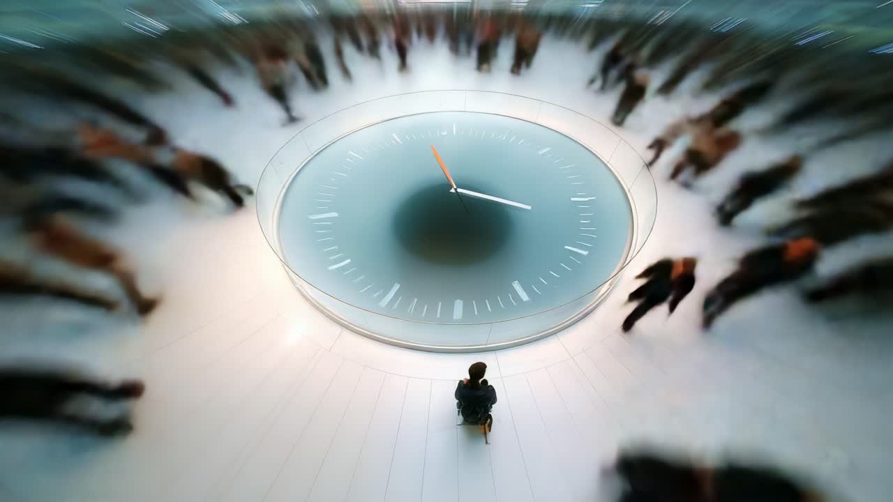 Dynamic Movement Around a Central Clock Perspective: Capturing the Emotional Journey in a Busy Space Where Time Flows and Individuals Interact in a Captivating Scene