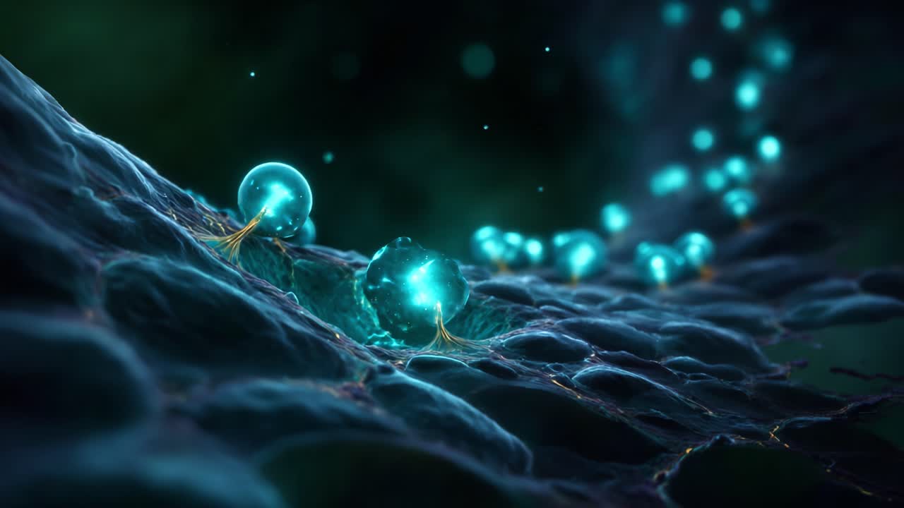 Microscopic View of Glowing Cells Interacting on a Biological Surface, Showcasing Intricate Structures and Dynamic Molecular Activity in a Vibrant Color Palette