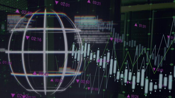 Animation of globe, multiple graphs with changing numbers and trading board over data server room