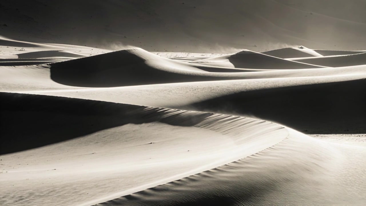 Telecamera che avanza studiando dune di sabbia centrate in un campo di dune desertico, mostrando increspature modellate dal vento.