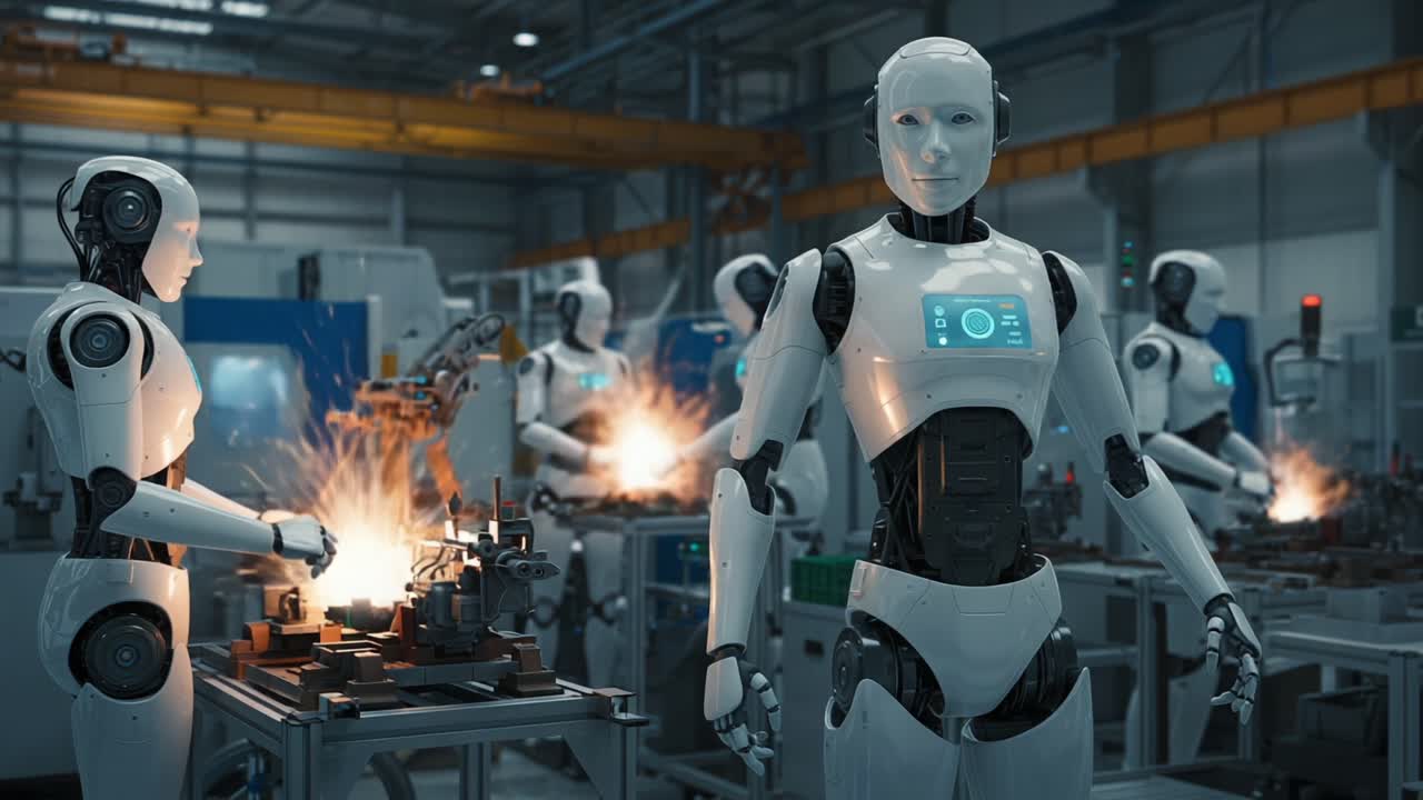 A futuristic robotic assembly line in a modern factory showcasing advanced automation technologies where humanoid robots efficiently perform manufacturing tasks