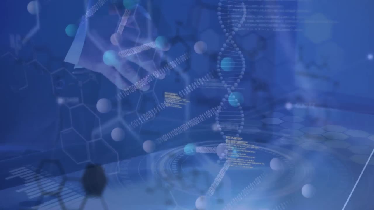 현대 기술을 사용하여 사업가의 중간 부분에 대한 dna 나선의 애니메이션과 프로그래밍 코드