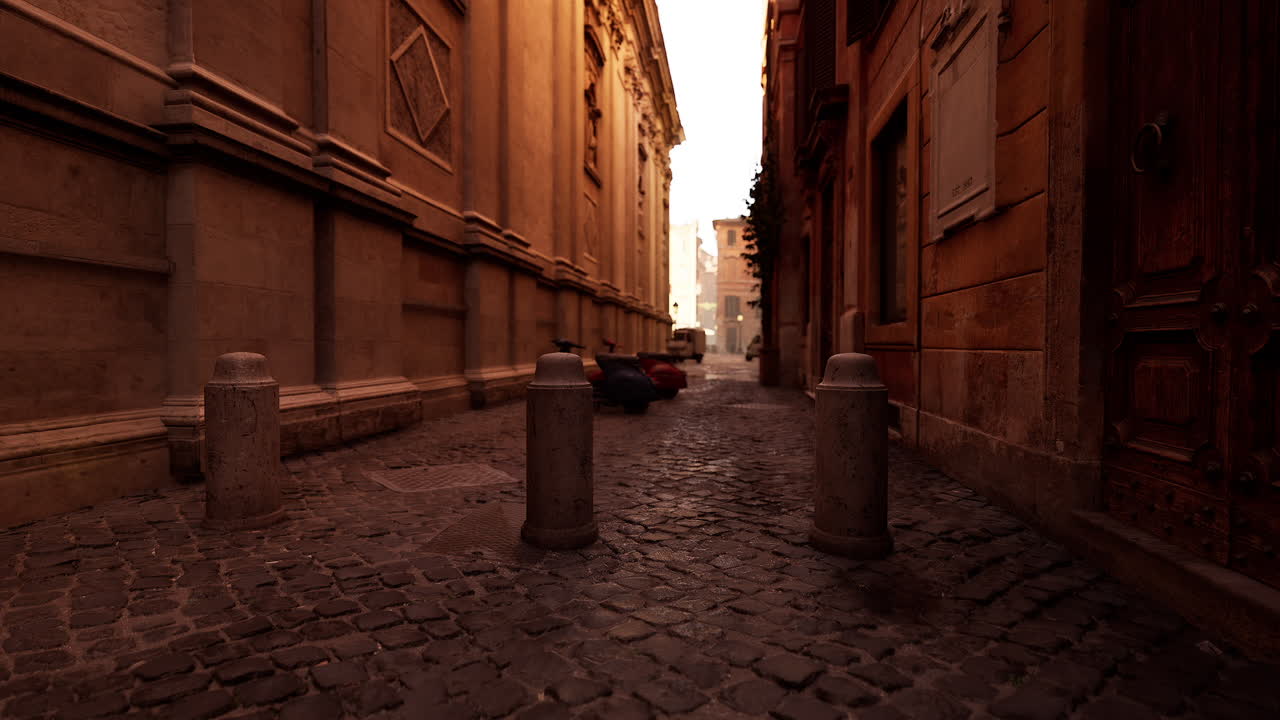 Vicoletto urbano bagnato dalla pioggia con pozzanghere lucide e un'atmosfera cupa
