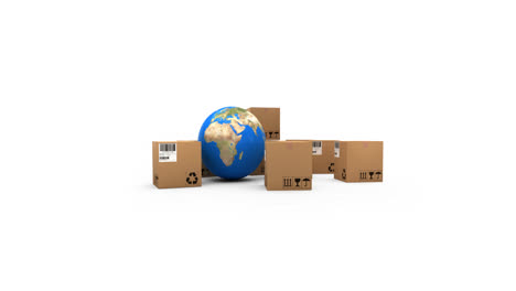 Animation-of-globe-and-cardboard-boxes-moving-on-white-background