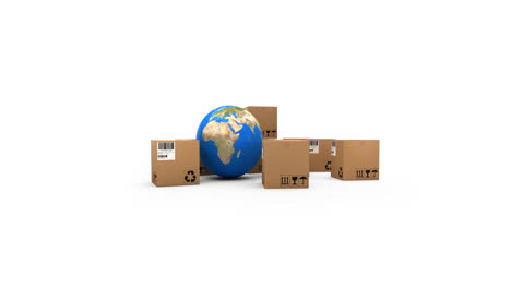 animation of globe and cardboard boxes moving on white background