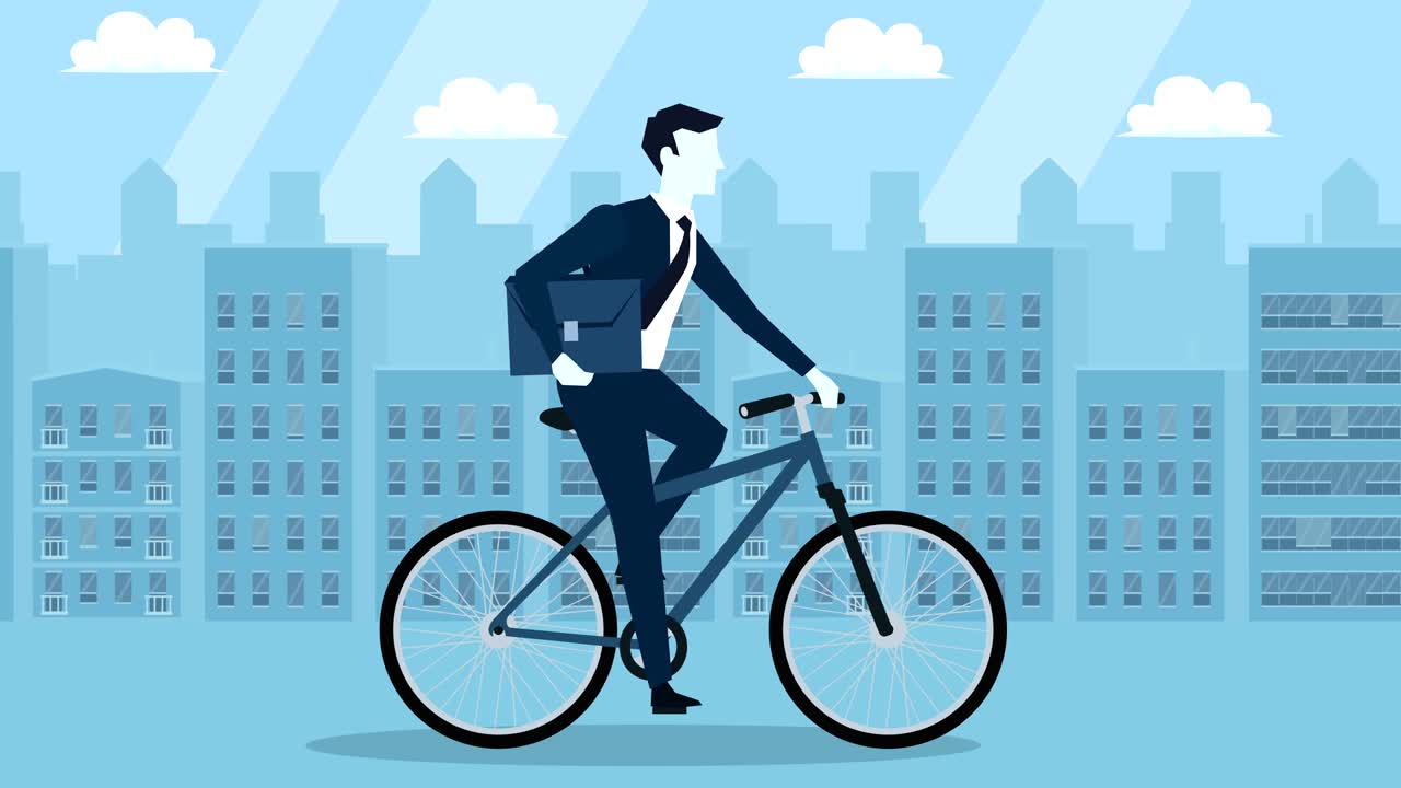 블루 스타일 사업가 자전거 타는 브리프케이스 평평한 만화 캐릭터 애니메이션