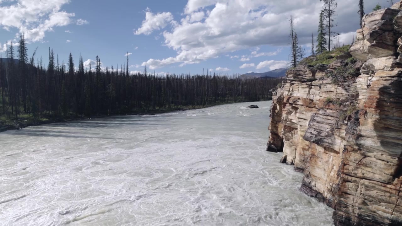 Turbulent grått vann fosser gjennom en steinete canyon like nedenfor Athabasca Falls, med bratte klipper og tett skog som rammer inn den kraftige nedstrømsstrømmen i Jasper nasjonalpark