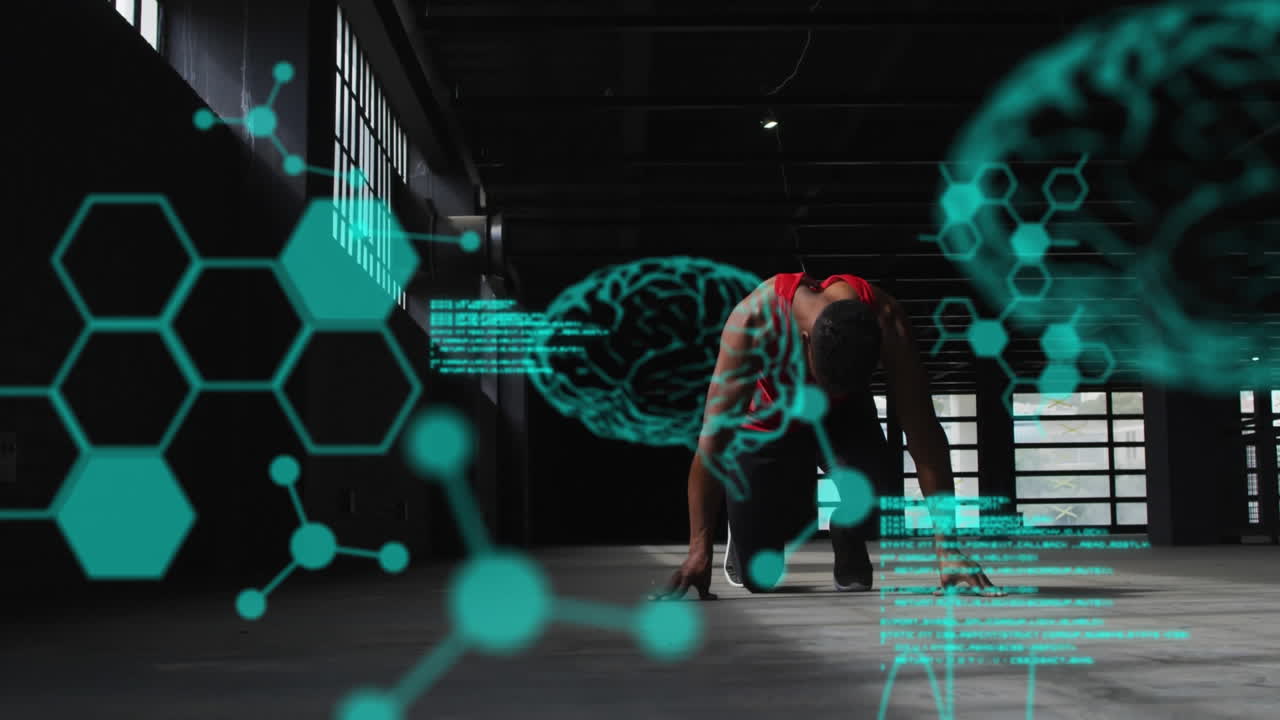 animación de estadísticas y gráficos sobre el hombre corriendo en un edificio abandonado