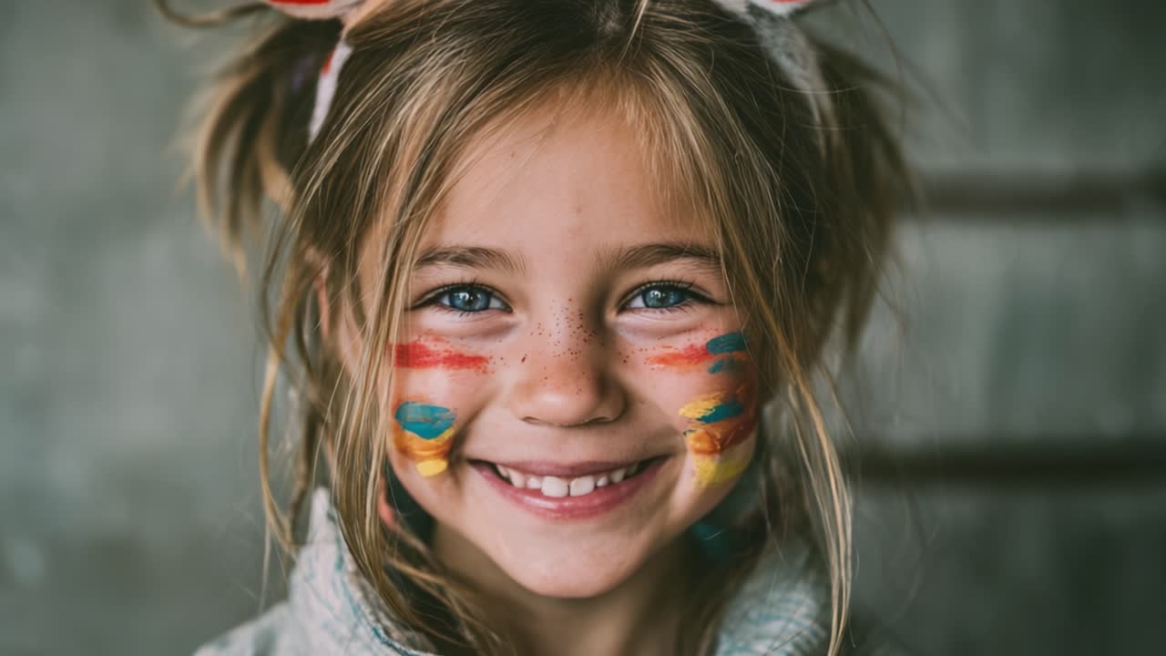 Un bambino gioioso con il viso dipinto a colori sorride radiantemente, catturando l'essenza della giocosità e dell'innocenza in un momento commovente.