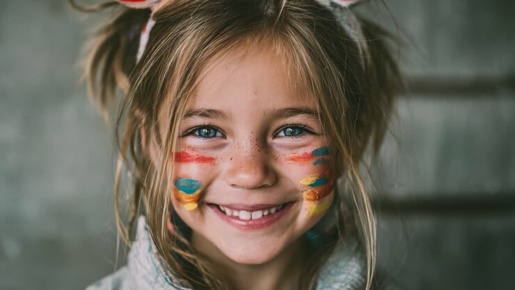 Un bambino gioioso con il viso dipinto a colori sorride radiantemente, catturando l'essenza della giocosità e dell'innocenza in un momento commovente.