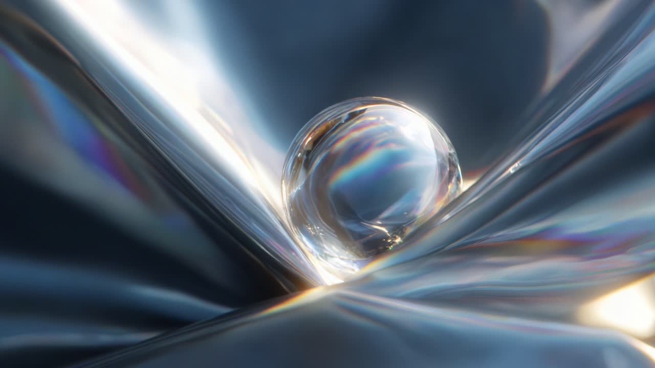 A mesmerizing sequence showcasing a crystal-clear sphere resting atop a dynamic surface, capturing light reflections and refractions against a shimmering backdrop, creating a visually stunning effect in every frame