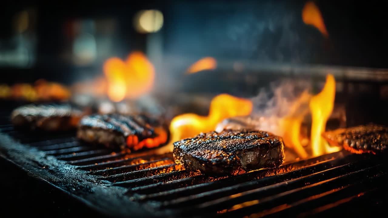 Bistecche sfrigolanti sulla griglia: Un'intensa esperienza culinaria con fiamme e fumo che creano un'atmosfera di barbecue saporita