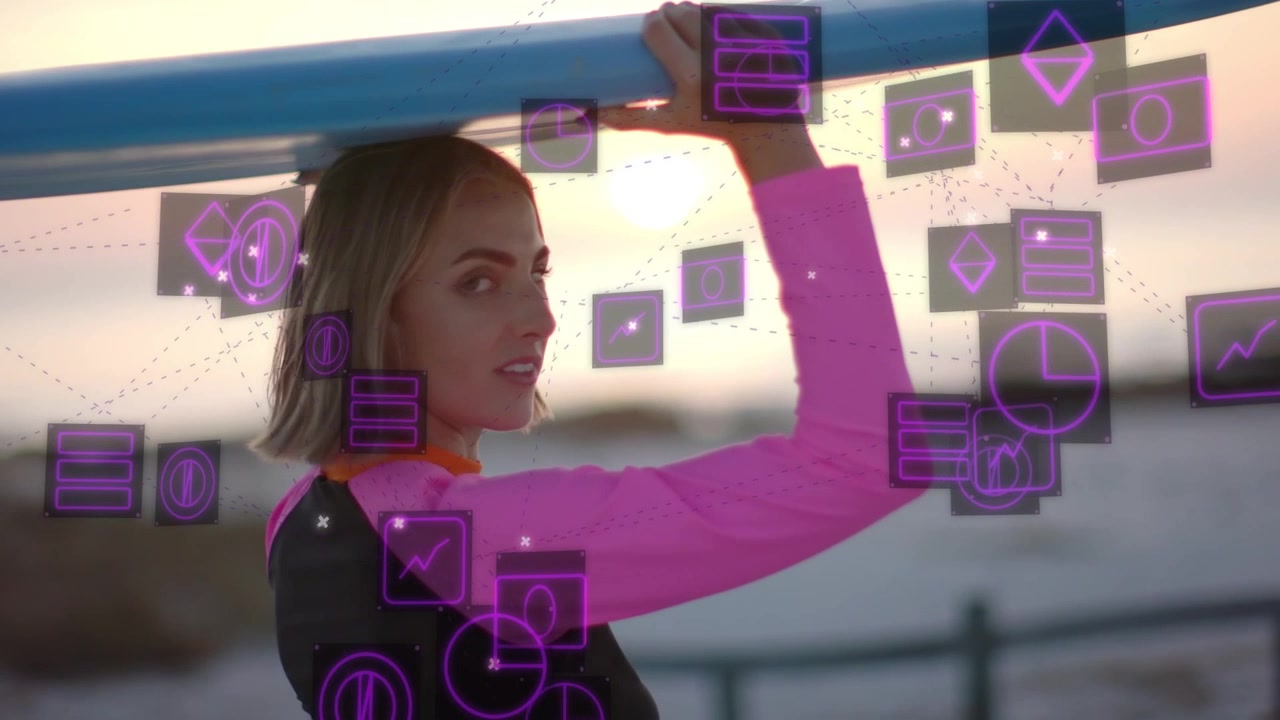Woman carrying blue surfboard at dusk preparing to surf, camera moving, tech UI graphs orbiting her