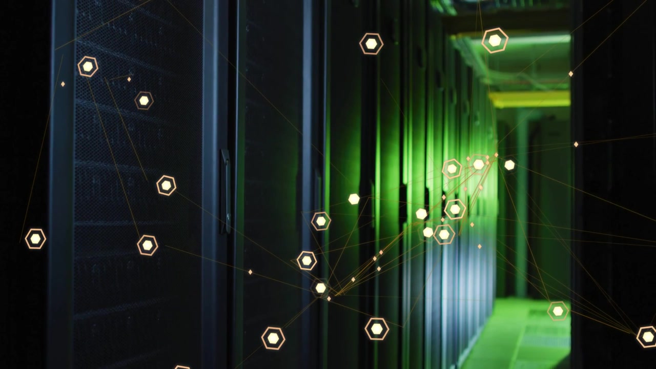 Data center racks reacting to system scan, animating hex nodes and lines, highlighting cluster