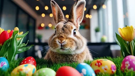un conejo sentado en la hierba rodeado de huevos de pascua coloridos
