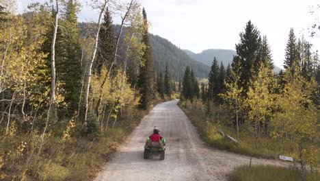 dron siguiendo al ciclista de atv a través de las montañas de utah, hermosos colores de otoño