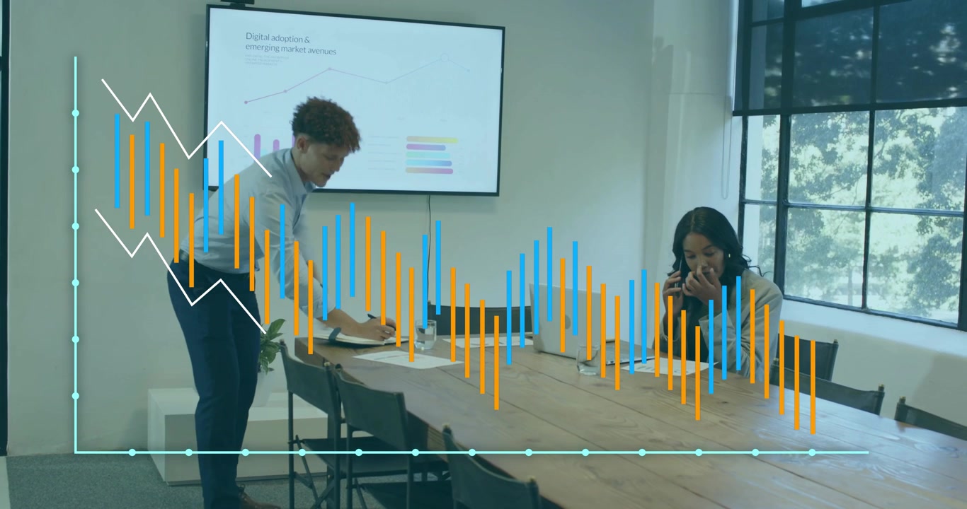 Man writing notes driving business chart animating data and colleague taking call reviewing docs