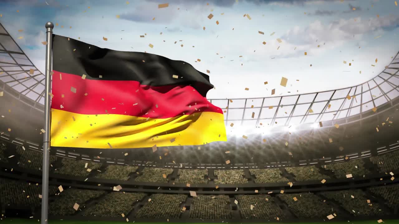 Animazione di flash fotografici e coriandoli che cadono su una bandiera della Germania sventolante sullo sfondo di uno stadio sportivo.