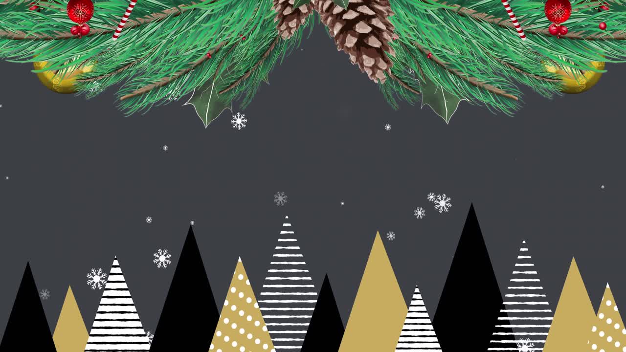 animación de nieve cayendo sobre árboles de navidad y decoraciones