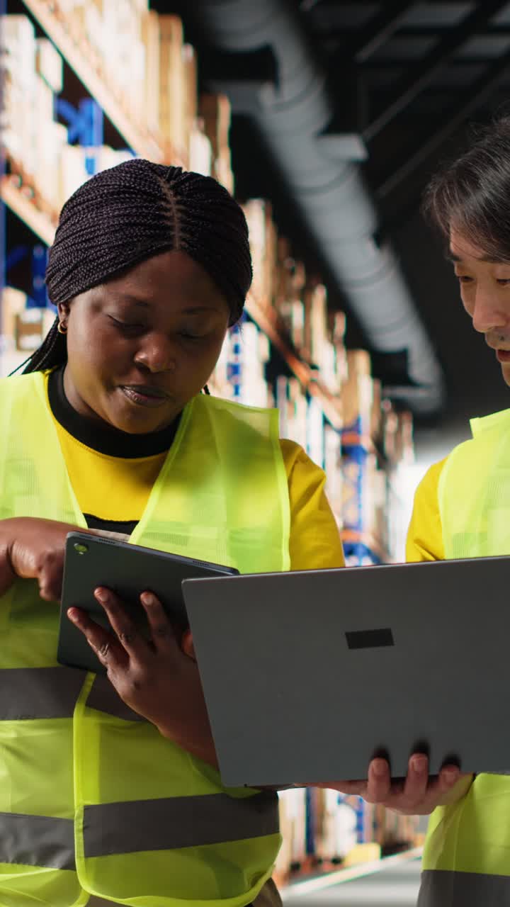 Vertical Video African American and Asian workers manage goods for a large brand