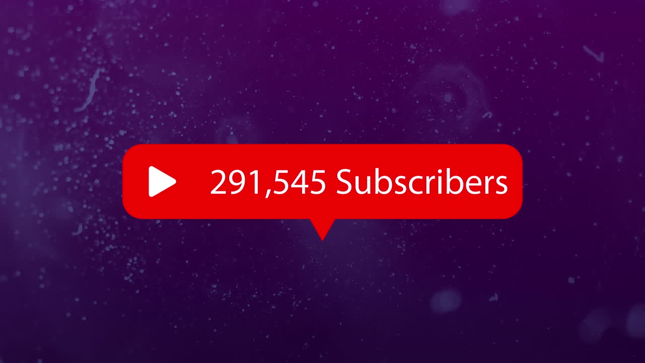 Animation of red social media subscribers notification over dirt and scratches on purple background
