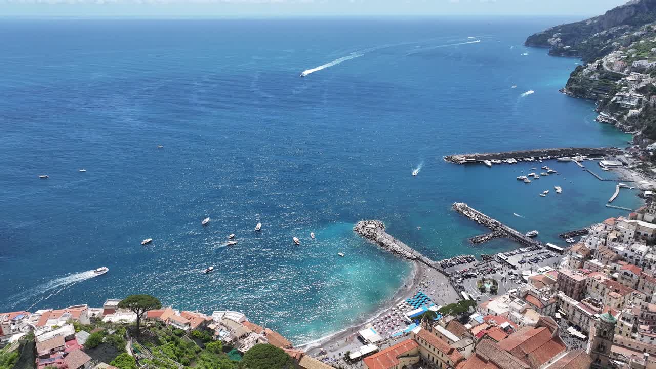 Amalfi Coast At Amalfi In Salerno Italy. Beach Landscape. Giant Cliffs Scene. Amalfi Coast At Salerno Italy. Medieval City Skyline. Gulf Of Salerno Mediterranean Sea. Beach Skyline. Amalfi Coast.