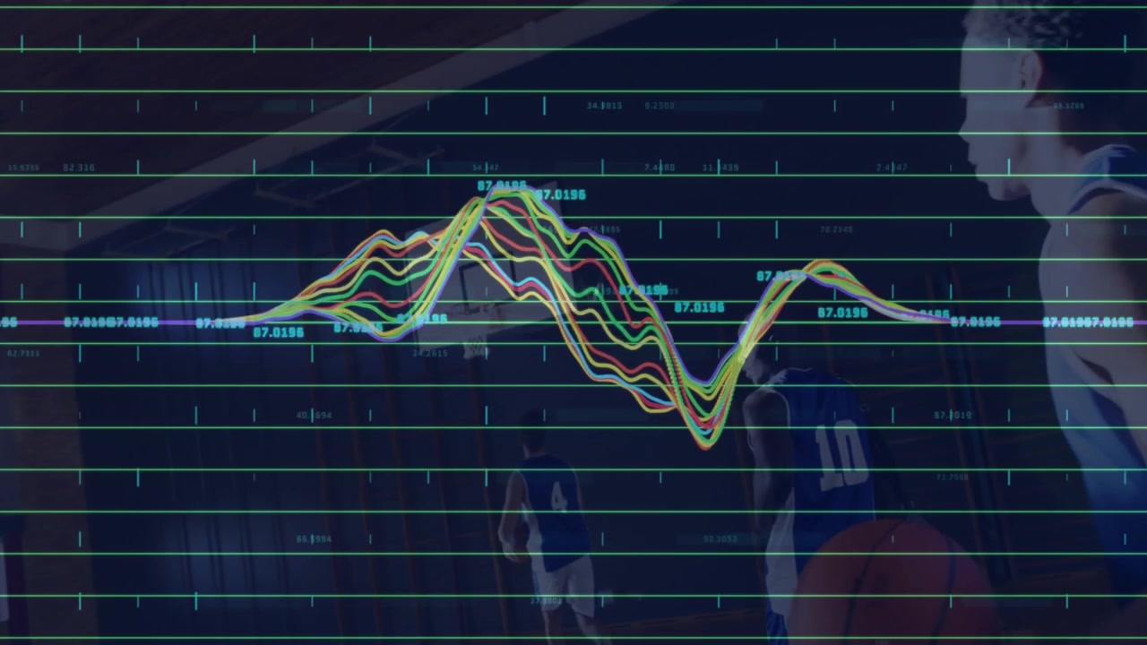 Spelare #7 går in på planen och aktiverar ett sportdataöverlägg medan spelare #10 och #5 samlas på mittplanen.