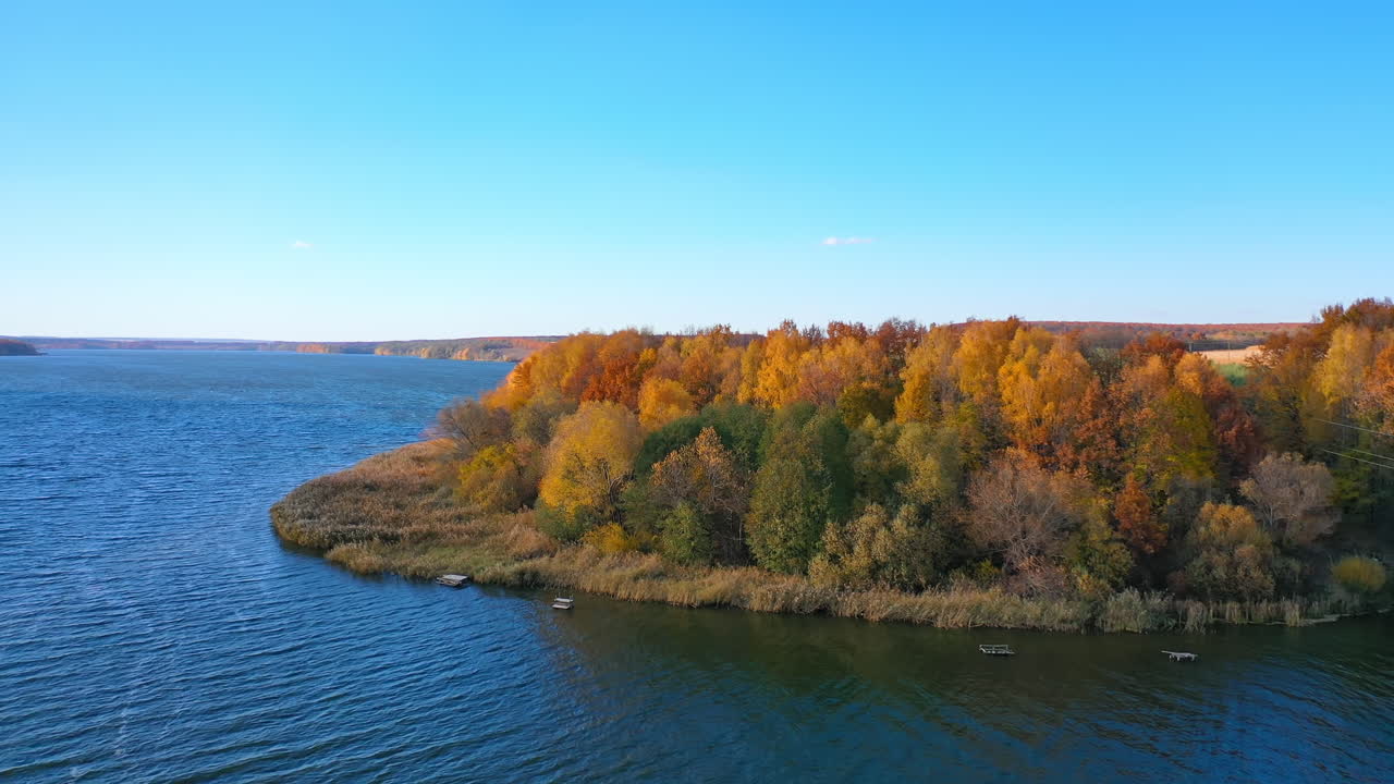 River landscape at autumn. Aerial view of river during autumn