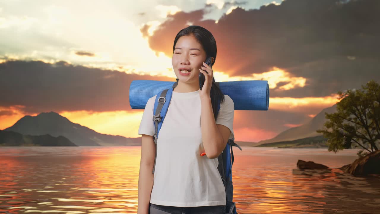 Happy Tourist Woman Talking on Phone at Sunset