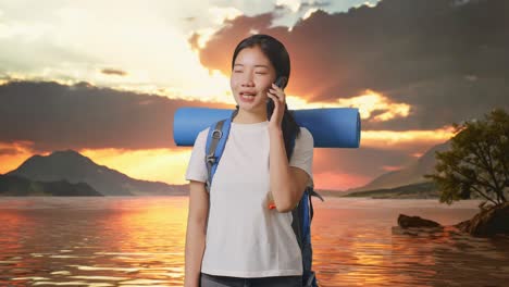 happy tourist woman talking on phone at sunset