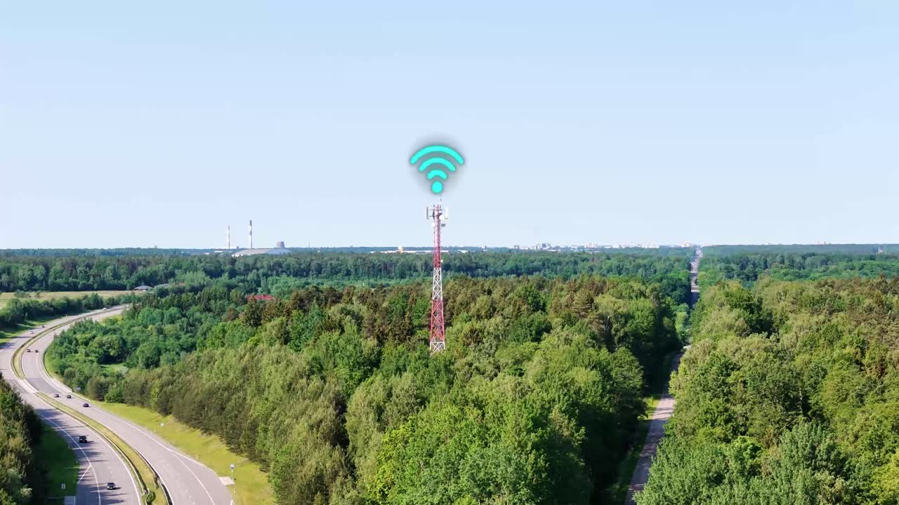 5G signal transmission tower with VFX effect, aerial drone view