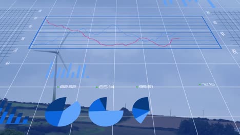 Animation-of-multiple-graphs-and-numbers-over-windmill-on-green-lands-against-clear-sky