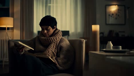 woman reading in a cozy living room