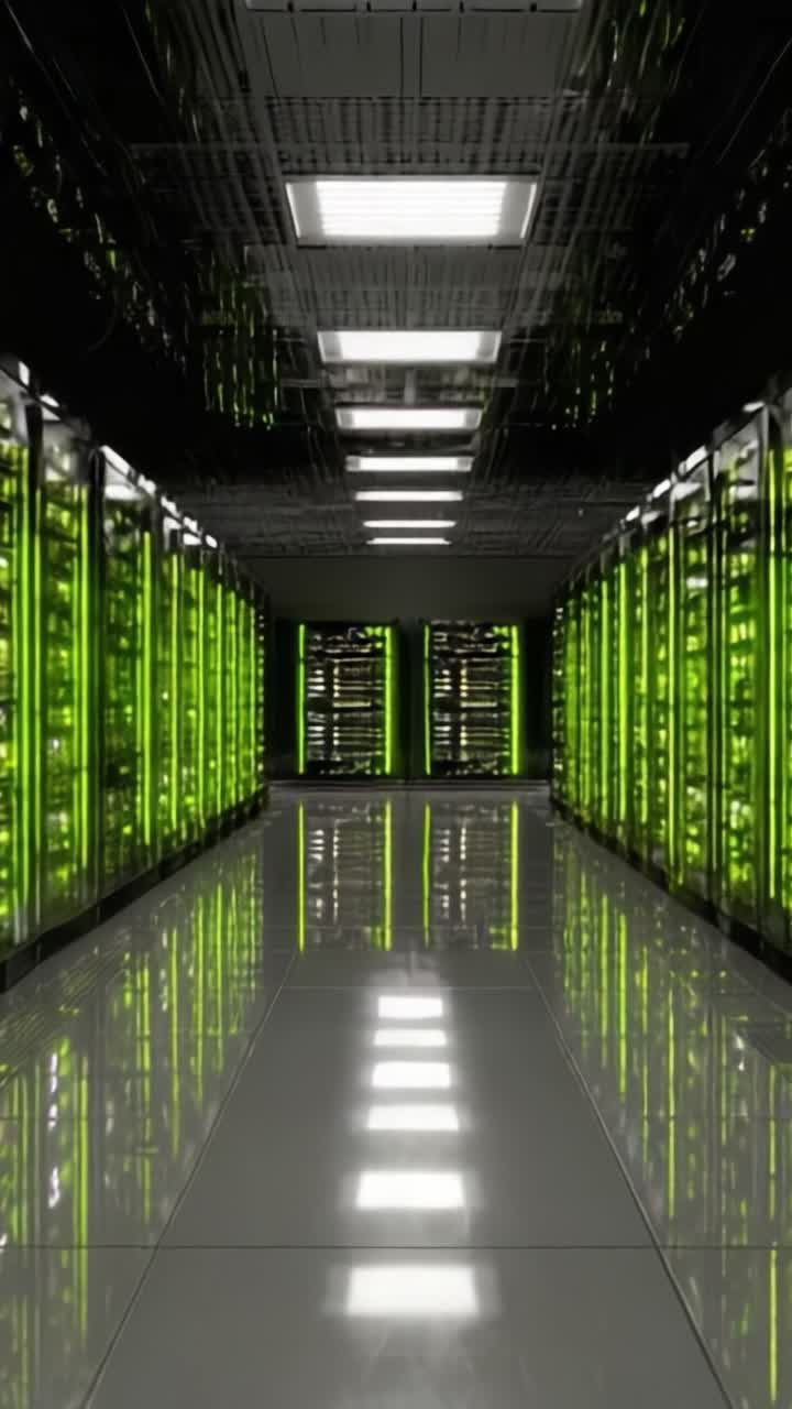 Et indblik i et højteknologisk datacenter med rækker af oplyste serverracks med et grønt skær, der afspejler moderne computerkraft og infrastruktur.