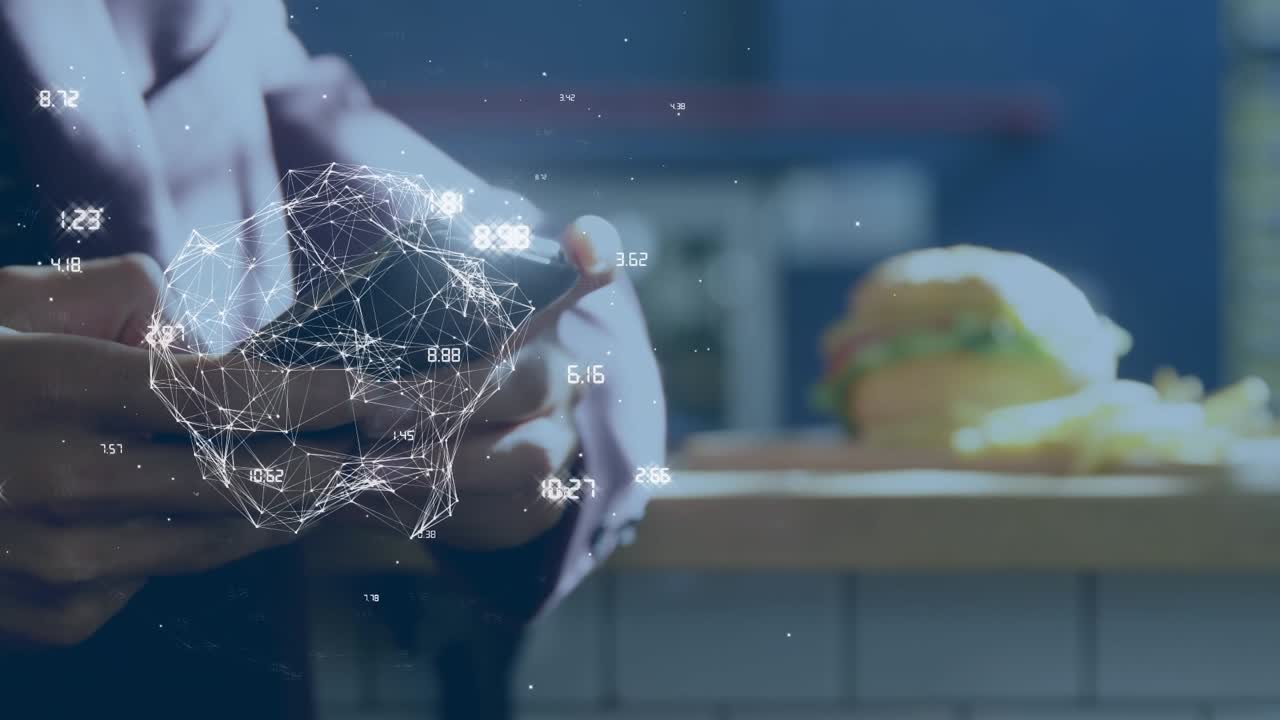 Animation of connections with globe over hands of caucasian man using smartphone