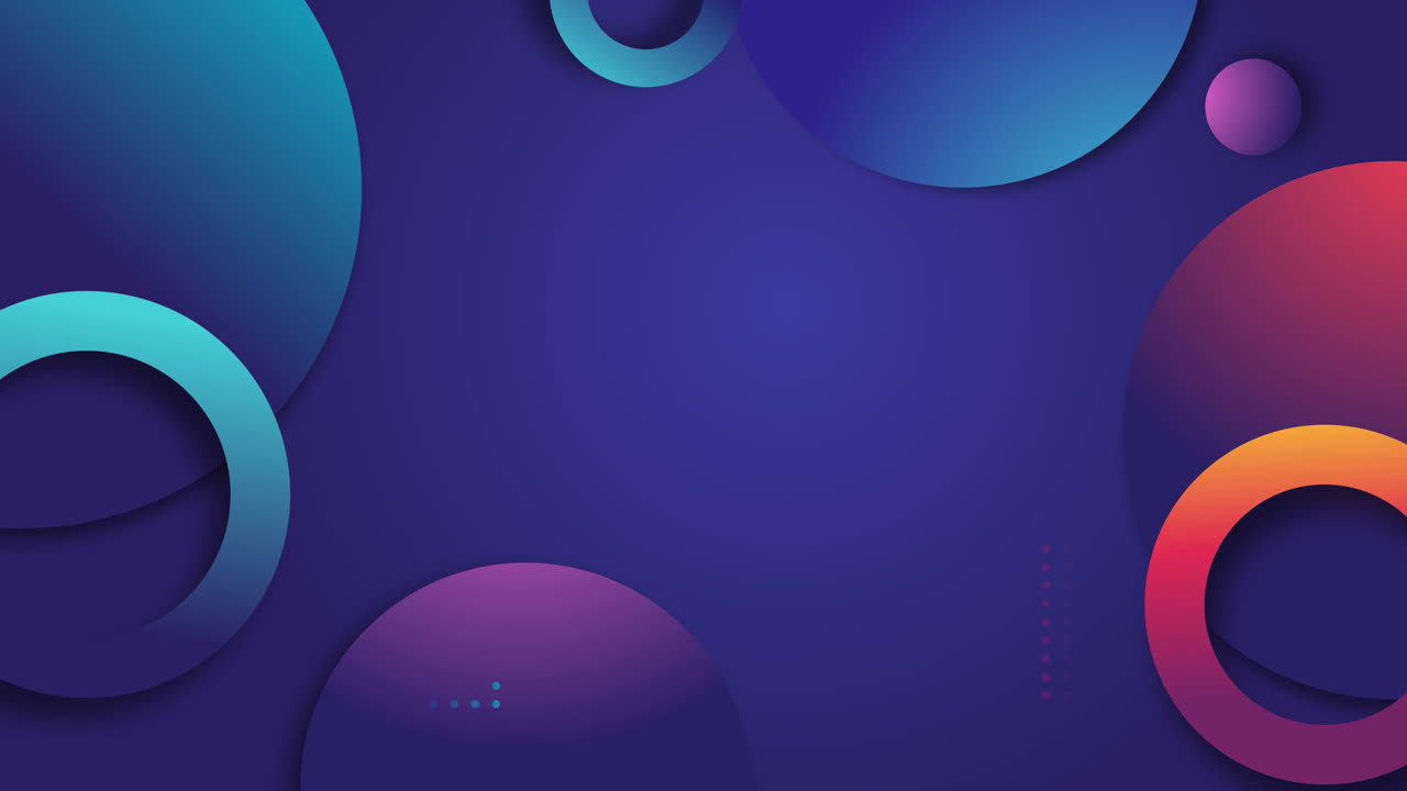 Minimal geometric loop blue background. Dynamic movement of colored round shapes. Abstract rectangular frame with place for text.