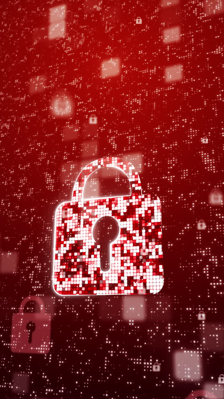 Data protection privacy concept. Padlock icon and internet technology networking connection. Cyber security internet and networking concept. Abstract red loop animation. Vertical video.