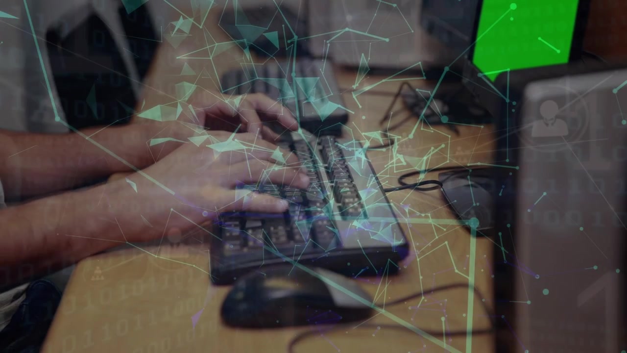 Animation of plexus network floating over mid section of person typing on keyboard