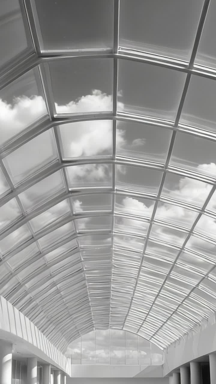 Una vista mozzafiato di un soffitto architettonicamente imponente adornato con ampi pannelli di vetro, che mostra un cielo affascinante pieno di nuvole soffici in toni monocromatici.