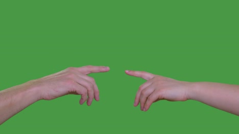 two people hands touching with index fingers isolated on green background alpha channel, keyed green screen