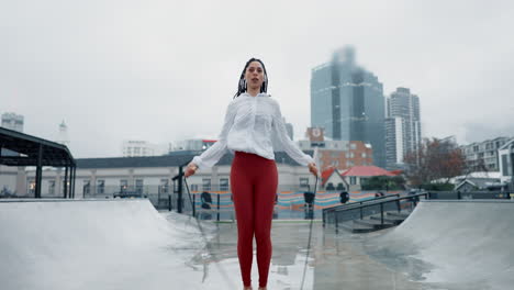 Woman,-fitness-and-skipping-rope-in-city