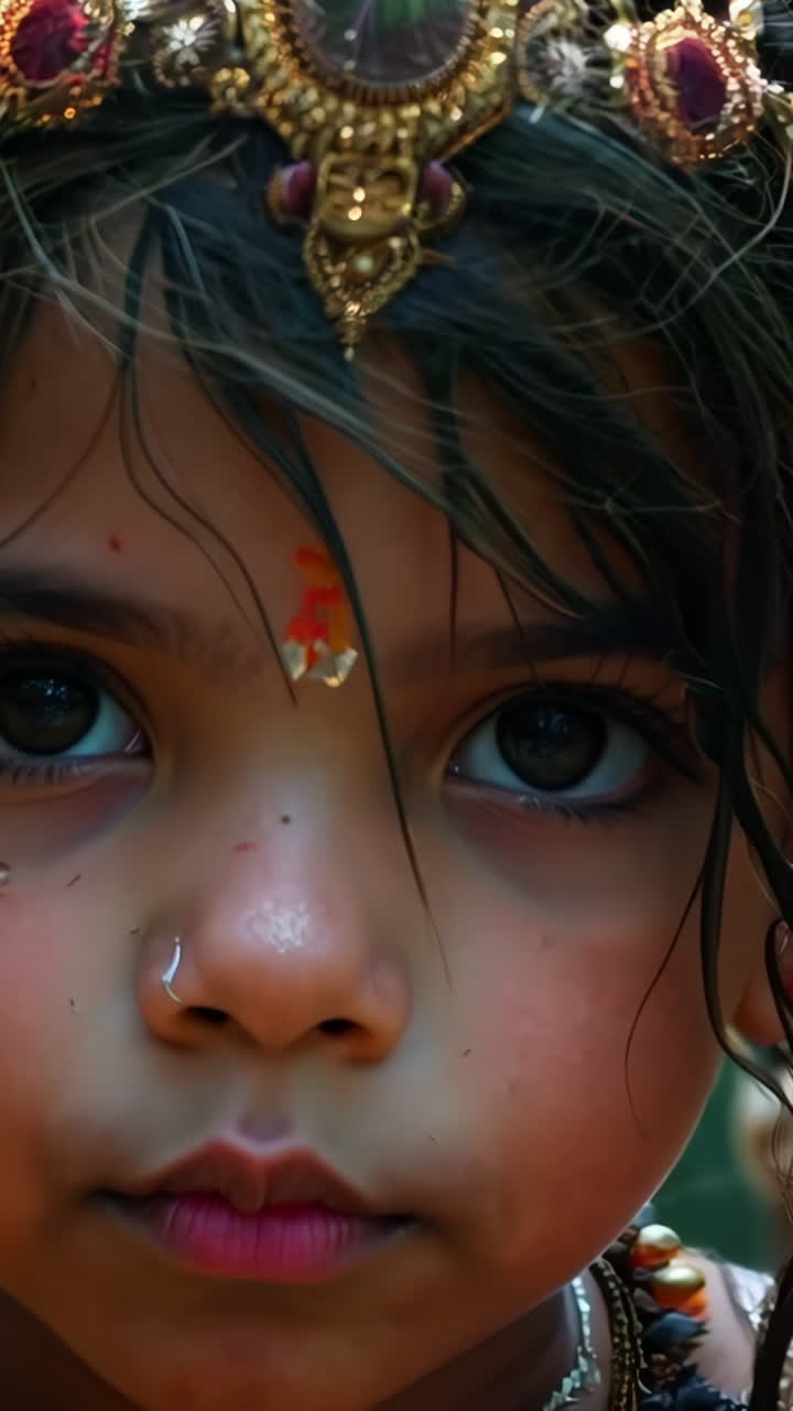 Young Girl Dressed in Traditional Attire With Giraffe in Background. A young girl in traditional attire poses against a vivid background with a giraffe, showcasing a joyful atmosphere. Vertical video