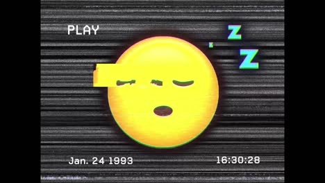 digital animation of vhs glitch effect over sleeping face emoji against tv static effect